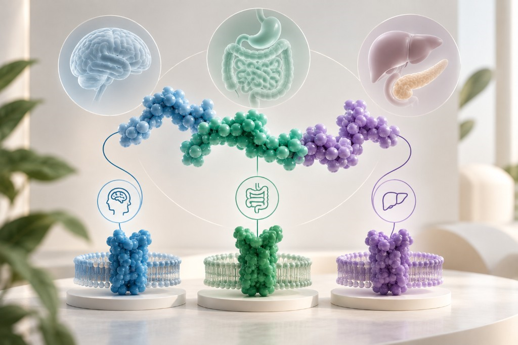 Illustrated Retatrutide molecule linked to brain, gut, and liver pathways with matching GLP-1, GIP, and glucagon cell receptors — educational guide from Drip Lounge