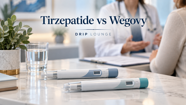 Two weight-management injection pens on a clinic desk with a clinician and patient in the background — Tirzepatide vs Wegovy, Drip Lounge
